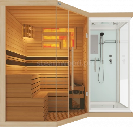 Трехместная угловая финская сауна Luxury из кедра с Душевой кабиной